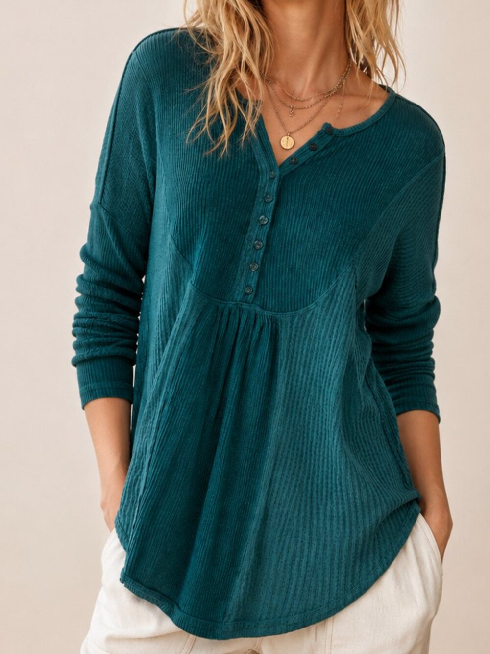 Free People Leo Henley‎ Tee In Teal Green Oversized Large